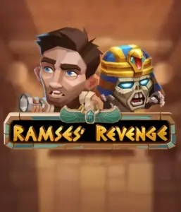 Explore the ancient world of the Ramses' Revenge game by Relax Gaming, showcasing a startled explorer and a fierce mummy amid an Egyptian tomb backdrop. This graphic captures the excitement of tomb exploration, ideal for adventure seekers, providing a thrilling escape. 